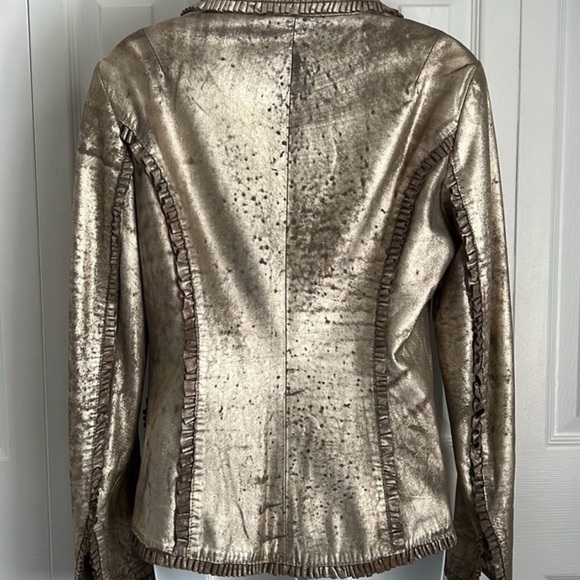 Amorimiei Milan Distressed Gold Leather Blazer with ruffle details, Size 10 - Picture 3 of 15